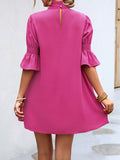 Momentlover Solid Color Falbala Loose Half Sleeves Stand Collar Mini Dresses