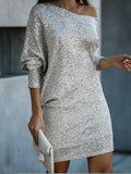 Momentlover Solid Color Sequined Asymmetric Three-Quarter Sleeves Puff Sleeves One-Shoulder Mini Dresses
