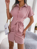 Momentlover Solid Color Pleated Bandage Short Sleeves Lapel Mini Dresses