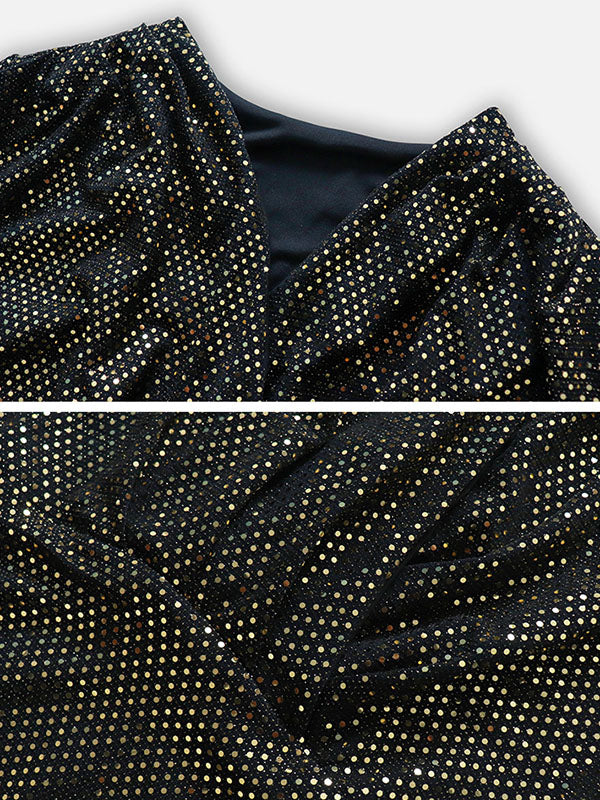 Momentlover Split-Joint Sequined Skinny Long Sleeves V-Neck Mini Dresses Evening Dresses