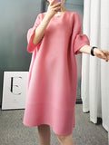 Momentlover Stylish Selection Flared Sleeves A-Line Pleated Solid Color Round-Neck Midi Dresses