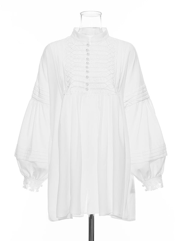 Momentlover Vacation Long Sleeves Puff Sleeves Embroidered Solid Color Stand Collar Mini Dresses
