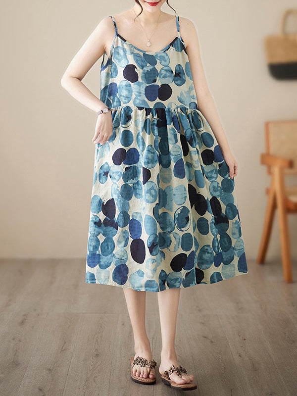 Momentlover Split-Joint Printed Pleated Sleeveless Loose Spaghetti-Neck Midi Dresses