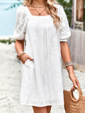 Momentlover Solid Color Jacquard Puff Sleeves Loose Square-neck Mini Dresses