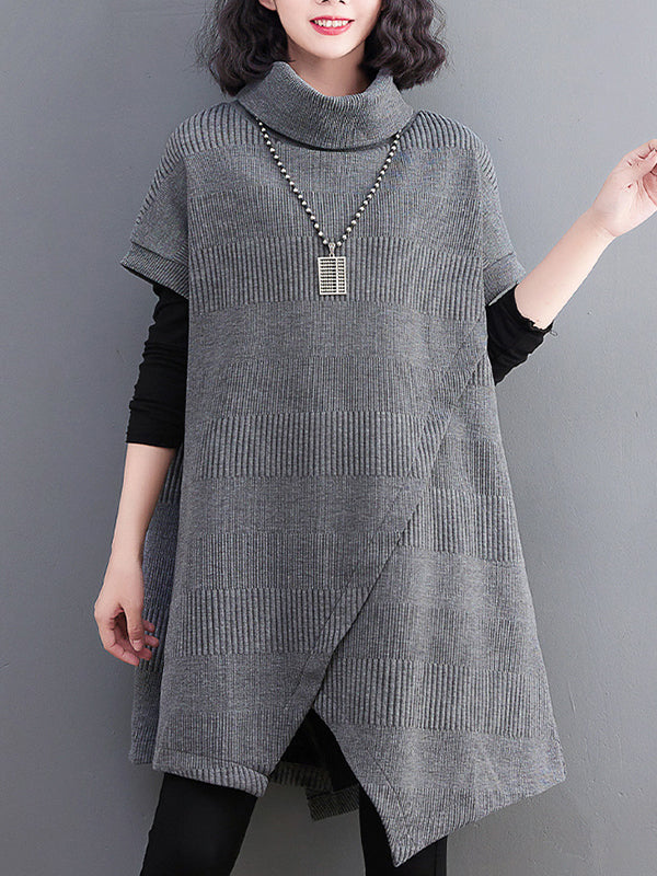 Momentlover Split-Joint Split-front Solid Color Asymmetric Short Sleeves Raglan Sleeve High-neck Mini Dresses Knitwear