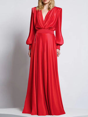 Momentlover Zipper Split-Side Buttoned Puff Sleeves Loose Deep V-Neck Maxi Dresses