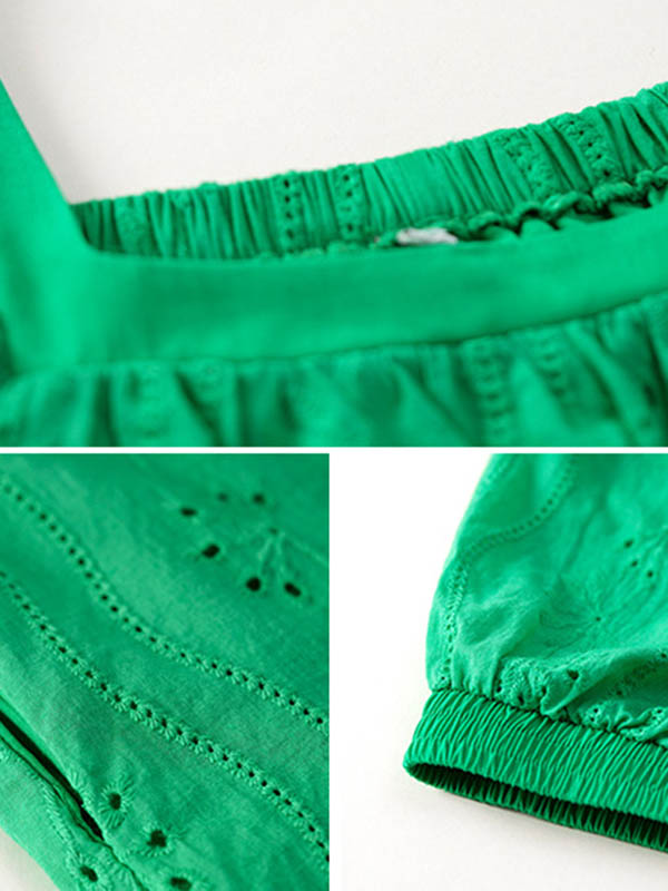 Momentlover Solid Color Jacquard Puff Sleeves Loose Square-neck Mini Dresses