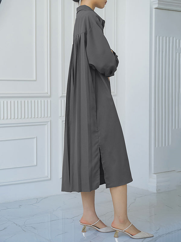 Momentlover Split-side Buttoned Three-quarter Sleeves Loose Lapel Shirt Dress Midi Dresses
