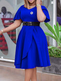 Momentlover Solid Color Belted Puff Sleeves Plus Size Round-neck Midi Dresses