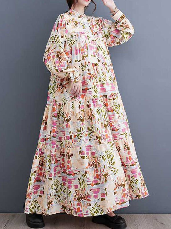 Momentlover Split-Joint Printed Pleated Loose Long Sleeves Stand Collar Shirt Dress Midi Dresses