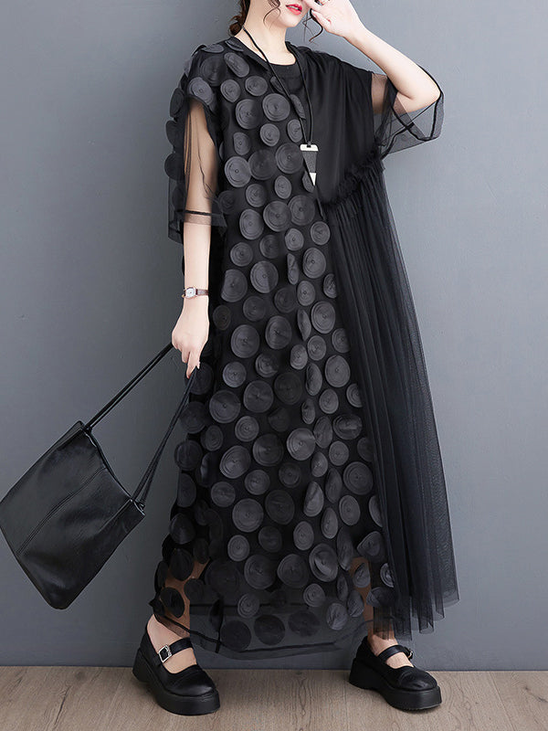 Momentlover Split-Joint Gauze Asymmetric Short Sleeves Loose Round-Neck Midi Dresses