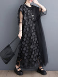 Momentlover Split-Joint Gauze Asymmetric Short Sleeves Loose Round-Neck Midi Dresses