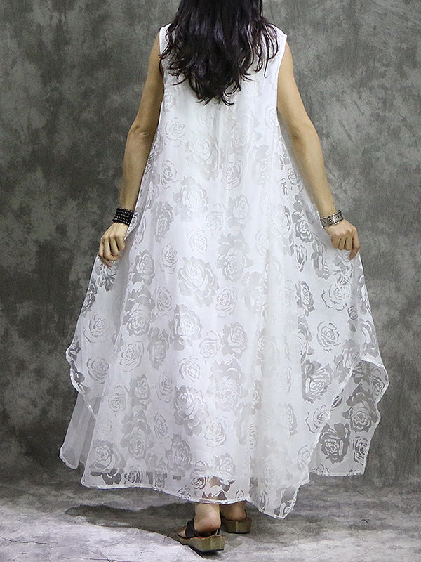 Momentlover Solid Color Flower Print Sleeveless Loose V-Neck Midi Dresses