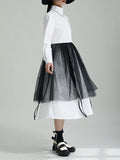 Momentlover Split-Joint Gauze Belted Long Sleeves Stand Collar Shirt Dress Midi Dresses