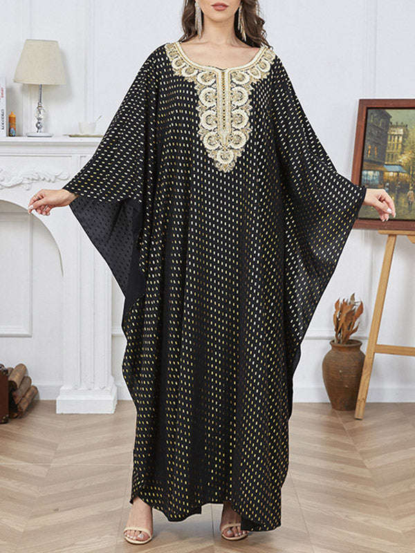Momentlover Split-Side Split-Joint Bronzing Loose Long Sleeves V-Neck Robes Maxi Dresses