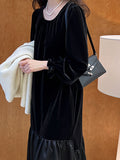 Momentlover Velvet Split-Joint Ruffled Pleated Contrast Color Loose Long Sleeves Round-Neck Midi Dresses