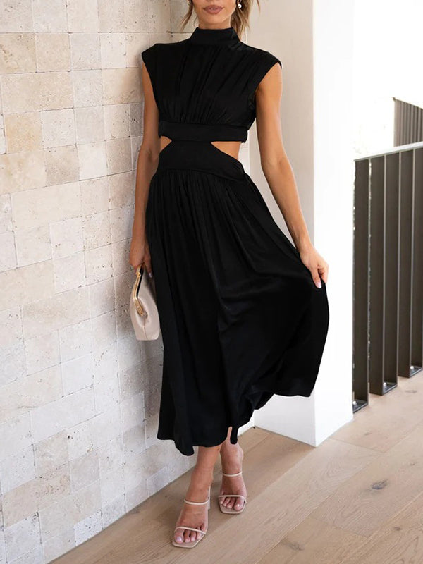 Momentlover Solid Color Pleated Belly-Hollow Cap Sleeve Stand Collar Maxi Dresses