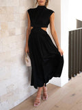 Momentlover Solid Color Pleated Belly-Hollow Cap Sleeve Stand Collar Maxi Dresses