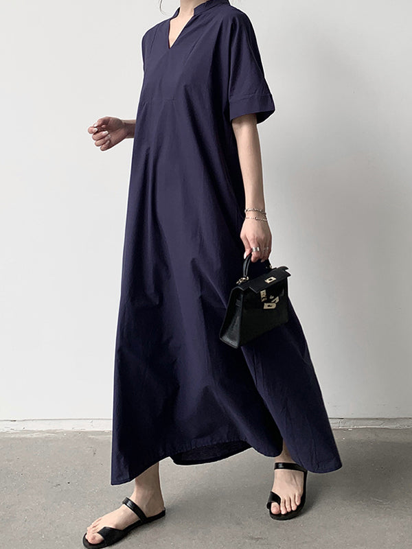 Momentlover Solid Color Short Sleeves Loose V-Neck Maxi Dresses