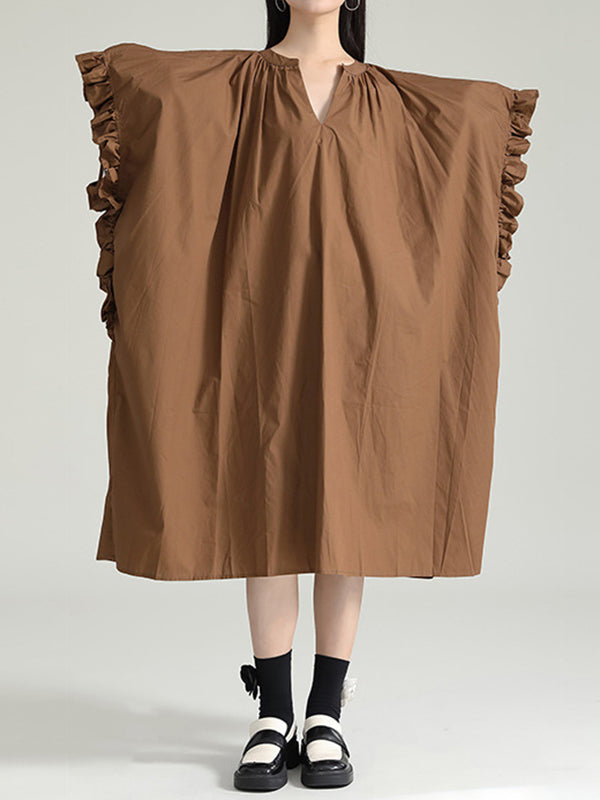 Momentlover Solid Color Pleated Falbala Drawstring Short Sleeves Loose V-Neck Shirt Dress Midi Dresses