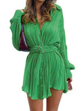 Momentlover Tied Waist Solid Color Pleated Buttoned Long Sleeves Lapel Shirt Dress Mini Dresses