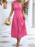 Momentlover Solid Color Sleeveless One-shoulder Midi Dresses