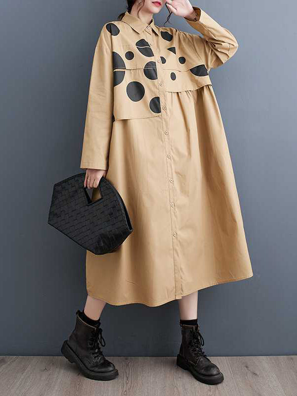 Momentlover Split-Joint Polka Dot Buttoned Asymmetric Loose Long Sleeves Lapel Midi Dresses