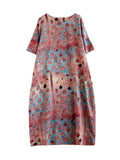 Momentlover Printed Polka-Dot Contrast Color Loose Half Sleeves Round-Neck Midi Dresses