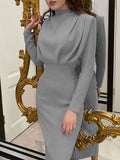 Momentlover Solid Color Pleated Skinny Long Sleeves Mock Neck Midi Dresses