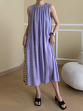 Momentlover Solid Color Pleated Sleeveless Loose Round-Neck Midi Dresses