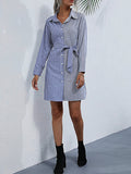 Momentlover Tied Waist Striped Split-Side Split-Joint Buttoned Loose Long Sleeves Lapel Shirt Dress Mini Dresses