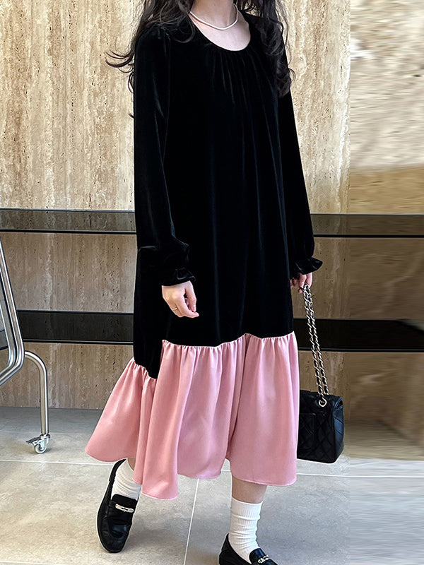 Momentlover Velvet Split-Joint Ruffled Pleated Contrast Color Loose Long Sleeves Round-Neck Midi Dresses