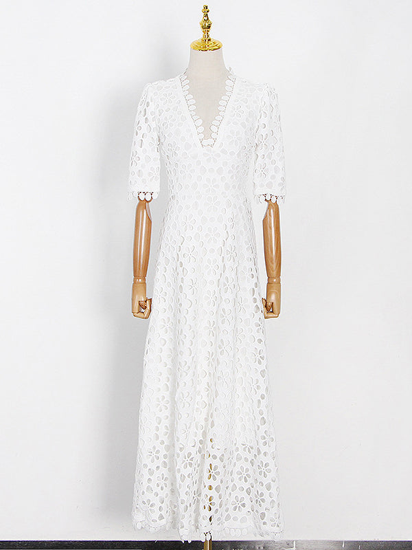 Momentlover Solid Color Hollow Half Sleeves Deep V-Neck Maxi Dresses