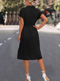 Momentlover Tied Waist Solid Color Buttoned Short Sleeves High Waisted Lapel Collar Shirt Dress Midi Dresses