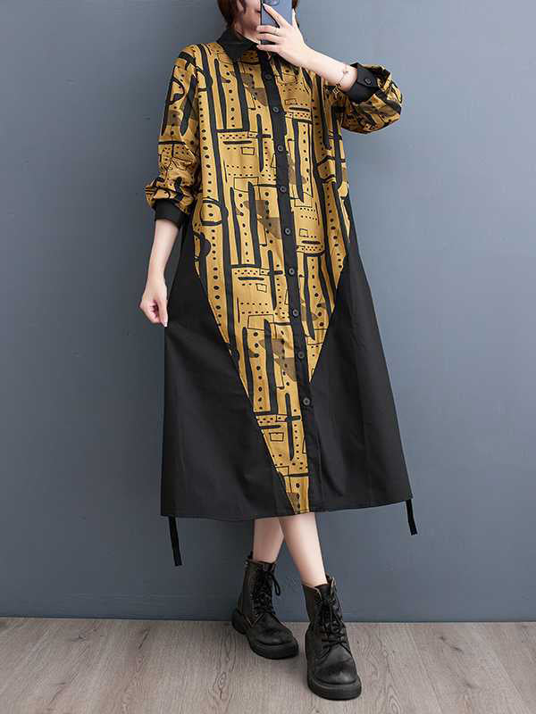 Momentlover Warp Knitting Printed Contrast Color Asymmetric Loose Long Sleeves Lapel Shirt Dress Midi Dresses