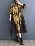 Momentlover Warp Knitting Printed Contrast Color Asymmetric Loose Long Sleeves Lapel Shirt Dress Midi Dresses