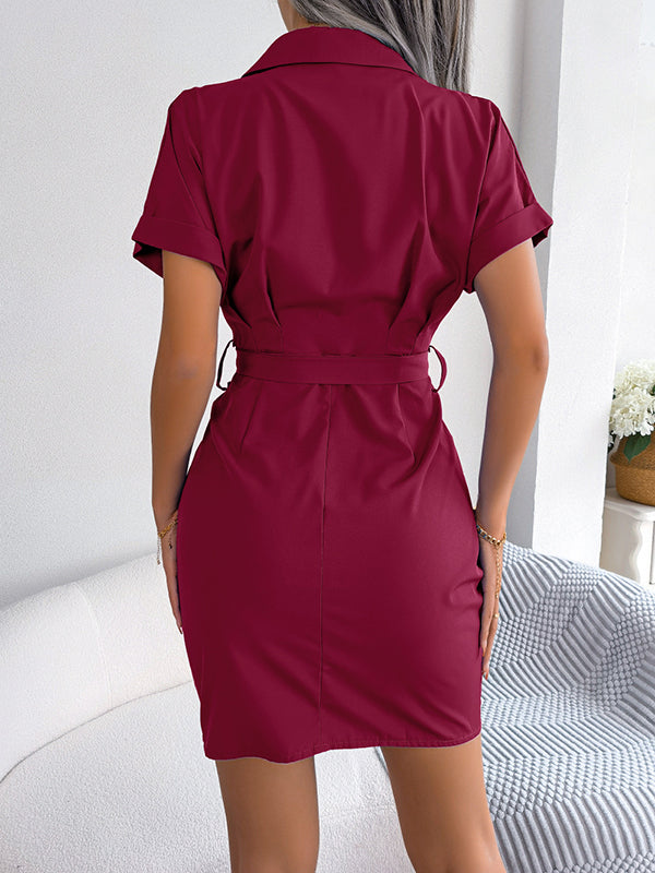 Momentlover Solid Color Pleated Bandage Short Sleeves Lapel Mini Dresses