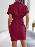 Momentlover Solid Color Pleated Bandage Short Sleeves Lapel Mini Dresses