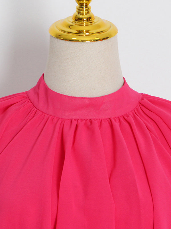 Momentlover Tiered Solid Color Raglan Sleeve Loose Stand Collar Maxi Dresses