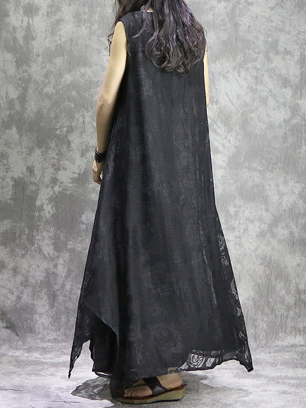 Momentlover Solid Color Flower Print Sleeveless Loose V-Neck Midi Dresses