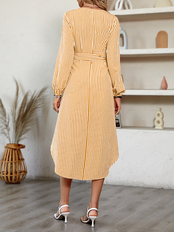 Momentlover Tied Waist Striped Puff Sleeves Loose V-Neck Shirt Dress Midi Dresses