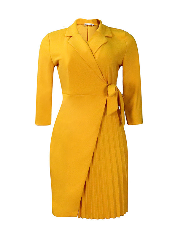 Momentlover Tied Waist Split-Front Solid Color Pleated Three-Quarter Sleeves V-Neck Mini Dresses