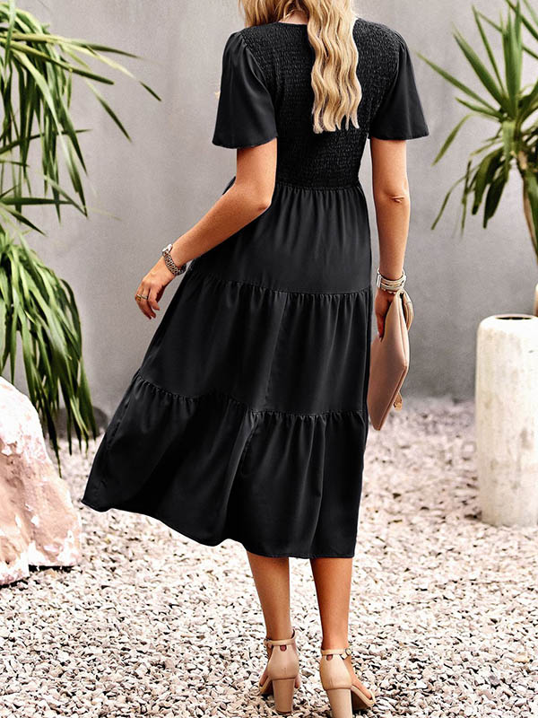 Momentlover Solid Color Elastics Short Sleeves Loose Round-neck Midi Dresses