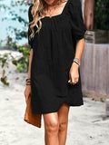 Momentlover Solid Color Jacquard Puff Sleeves Loose Square-neck Mini Dresses