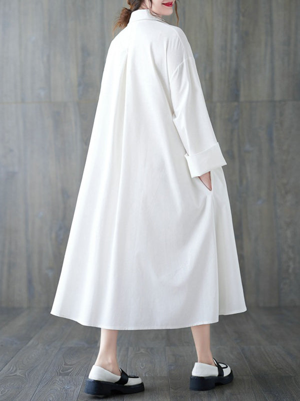 Momentlover Solid Color Buttoned Loose Long Sleeves V-Neck Shirt Dress Midi Dresses