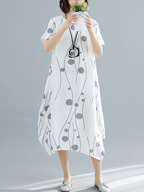 Momentlover Printed Short Sleeves Loose Round-neck Midi Dresses