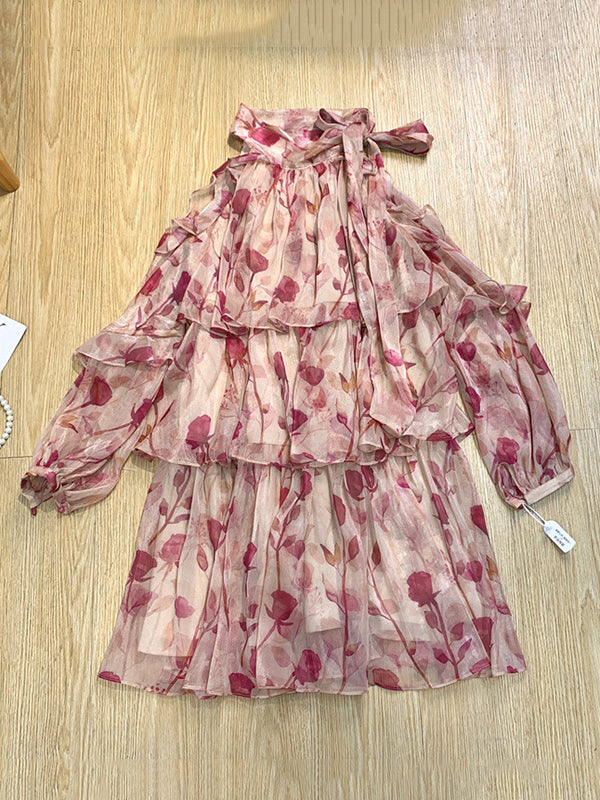 Momentlover Tiered Lace-Up Floral Printed Puff Sleeves Loose Cold Shoulder Mini Dresses