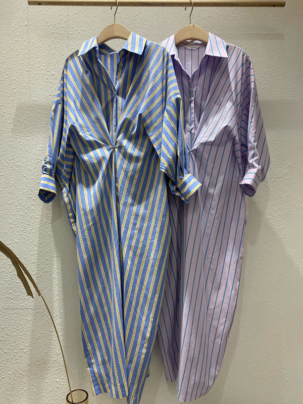 Momentlover Striped Pockets Contrast Color Buttoned Loose Long Sleeves Lapel Shirt Dress Midi Dresses