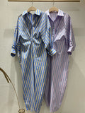 Momentlover Striped Pockets Contrast Color Buttoned Loose Long Sleeves Lapel Shirt Dress Midi Dresses