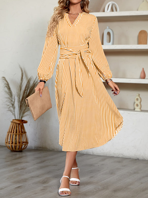 Momentlover Tied Waist Striped Puff Sleeves Loose V-Neck Shirt Dress Midi Dresses